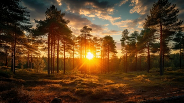 Goldener Sonnenuntergang über dem Wald mit vielen Sonnenstrahlen am dramatischen Himmel