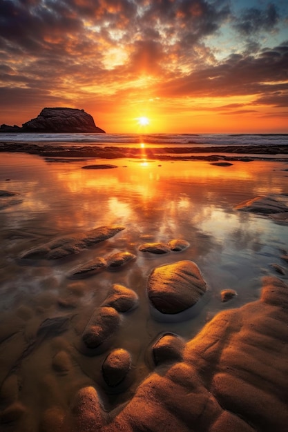 Goldener Sonnenuntergang über einem ruhigen Meeresstrand, erstellt mit generativer KI