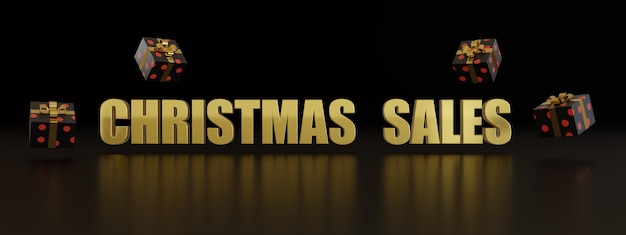 Goldener Text der frohen Weihnachten und Geschenkboxen auf dunklem Hintergrund.