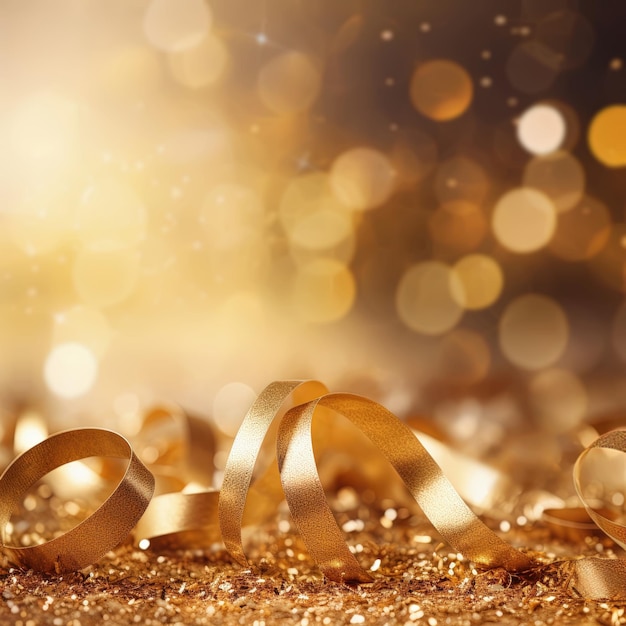 Goldener verschwommener Hintergrund mit Bokeh-Effekt, Konfetti und goldenen Bändern, die von Ai erzeugt wurden