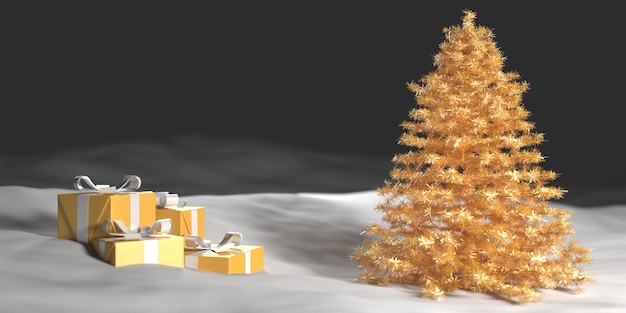 Goldener Weihnachtsbaum im Schnee neben Geschenkboxen, 3d Illustration