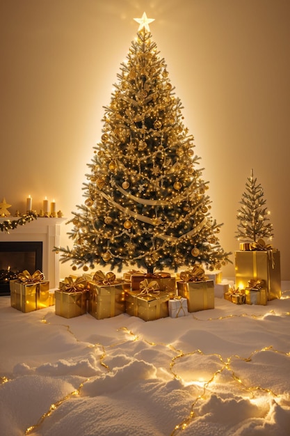 Goldener Weihnachtsbaum mit hellen Lichtern, Tapetenbanner Weihnachten