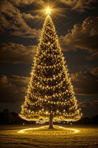 Goldener Weihnachtsbaum mit hellen Lichtern, Tapetenbanner Weihnachten