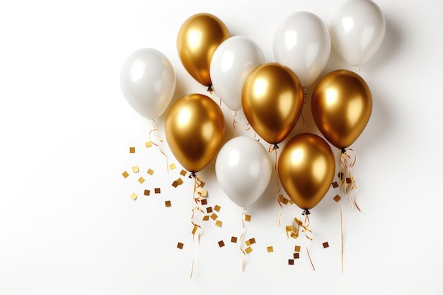 Goldenes 3D-Luftballons-Konfettiband mit festlichem Jubiläum und Geburtstag auf weißem Hintergrund