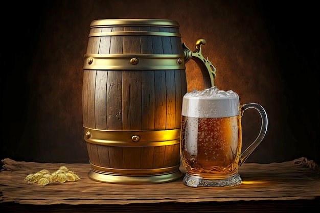 Goldenes alkoholisches Getränk in großem Bierkrug und Bierfass