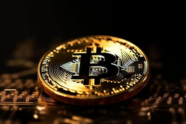 Goldenes Bitcoin auf dunklem Hintergrund, Nahaufnahme Kryptowährungskonzept