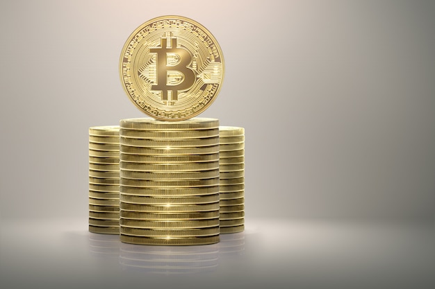 Goldenes bitcoin, das auf Stapel Geldmünzen steht