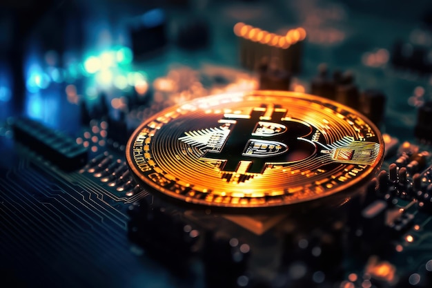 Goldenes Bitcoin mit Hintergrund der Computerschaltung Anlagekonzept für Kryptowährungen Generative Ai
