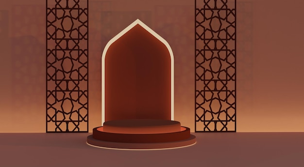Goldenes braunes islamisches Dekorationshintergrund-Produktanzeigepodium auf Bogendesign mit Licht