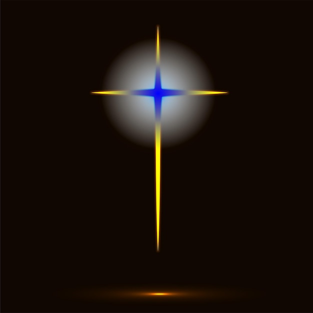 Goldenes christliches Kreuzsymbol in den Farben der ukrainischen Flagge auf schwarzem Hintergrund. Leuchtendes Kreuzsymbol