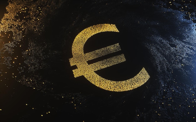 Goldenes Euro-Logo aus Partikeln und dunklem Hintergrund