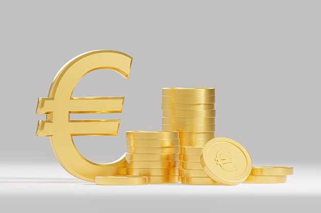 Goldenes Euro-Währungszeichen Euro gestapelte goldene Münzen grauer Hintergrund Anstieg der Gewinne Budgetgebühren Investitionen Erhöhung der Einkommen Erhöhung der Gehälter 3D-Rendering