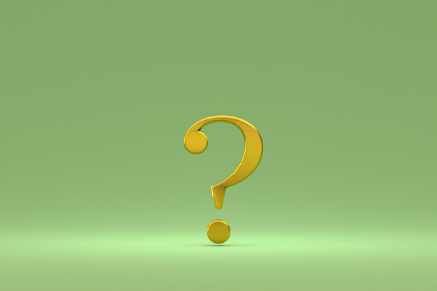 Goldenes Fragezeichenzeichen minimal auf grünem Hintergrund, 3D-Rendering, minimaler und Kopierraum