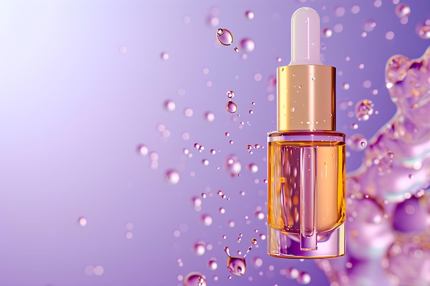 Goldenes Gesichtsserum in einer Pipettenflasche auf einem pastellvioletten Hintergrund mit Serumsplash