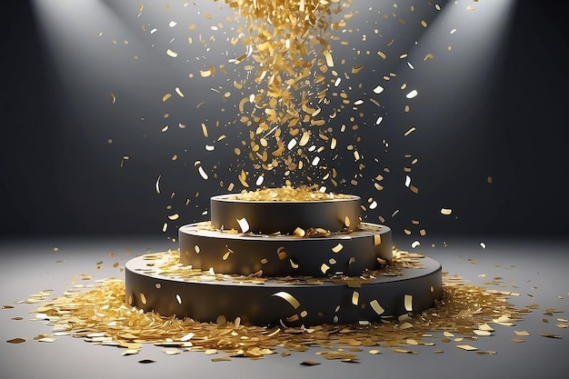 Foto goldenes konfetti fällt auf ein wunderschönes podium, streamer fallen auf ein podest.