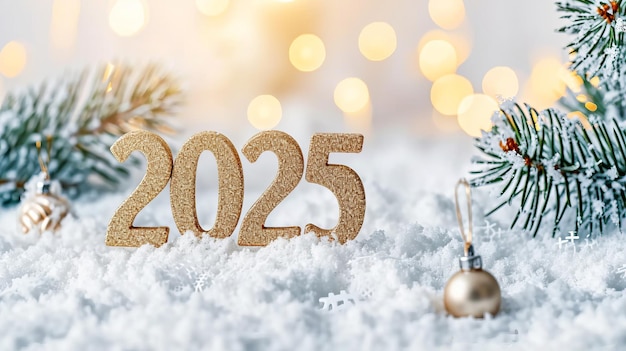 Goldenes metallisches Jahr-2025-Symbol auf verschwommenem Hintergrund Neujahrsfeierkonzept im modernen Stil