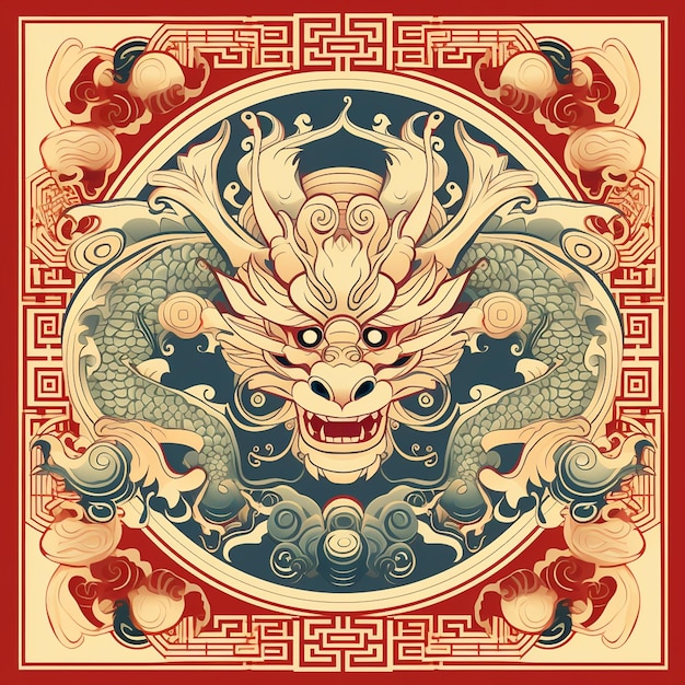 Goldenes Neujahr 2024 mit Drachen-Tierkreis. Rotgoldener Hintergrund mit chinesischen Neujahrsdekorationen
