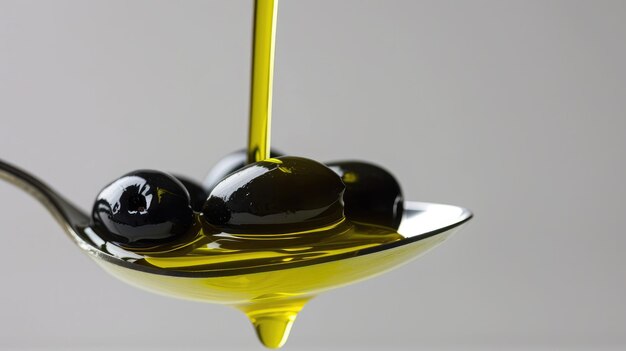 Foto goldenes olivenöl auf oliven auf einem löffel gießen