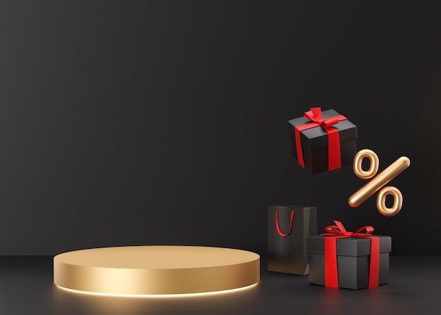 Goldenes Podium mit Geschenken und Rabattschild Schwarzer Freitag-Verkauf Sonderangebot Szene für Produktkosmetik-Präsentation Trendiges Mock-up Podest-Plattform-Bühne für Beauty-Produkt 3D-Rendering