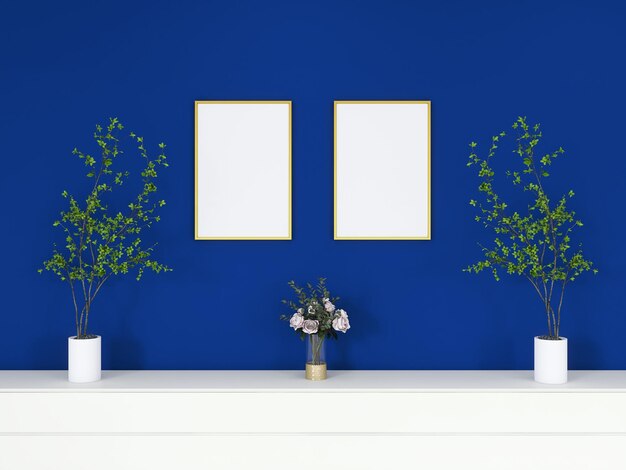 Goldenes Posterrahmenmodell mit Blumen und Pflanzen 3D-Rendering