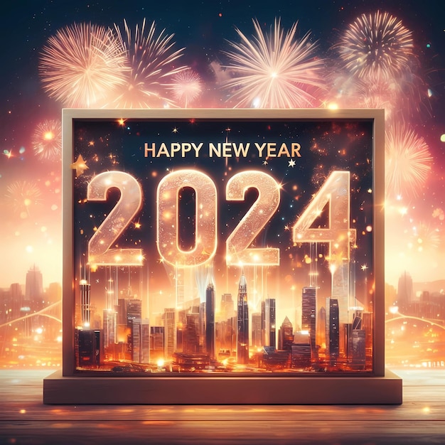 Goldenes Schild „Frohes Neues Jahr 2024“ vor Feuerwerk und Stadt um Mitternacht