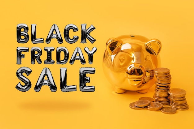 Goldenes Sparschwein mit Geldtürmen auf gelbem Hintergrund mit Text Black Friday Sale