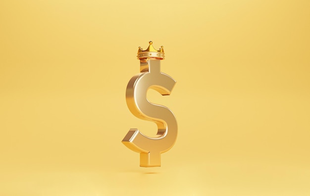 Goldenes US-Dollar- oder USD-Zeichen mit goldener Krone auf gelbem Hintergrund für USD ist der König oder Hauptwährungswechsel der Welt aus dem Konzept der Vereinigten Staaten von Amerika durch 3D-Rendering