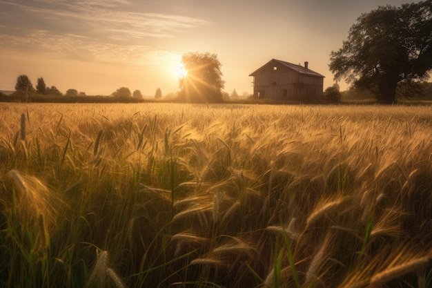 Goldenes Weizenfeld mit Kaninchen und Schmetterlingen generative IA