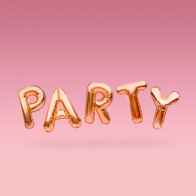 Goldenes Wort PARTY aus aufblasbaren Luftballons, die auf rosa Hintergrund schweben. Goldfolienballonbuchstaben. Feierkonzept.