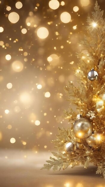 Golder Weihnachtshintergrund mit Schneeflocken und Bokeh-Lichtern