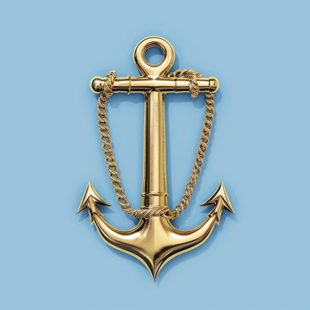 Goldes Anker-Ikon auf blauem Hintergrund Schifffahrtsobjekt mit Metallketten-Illustration