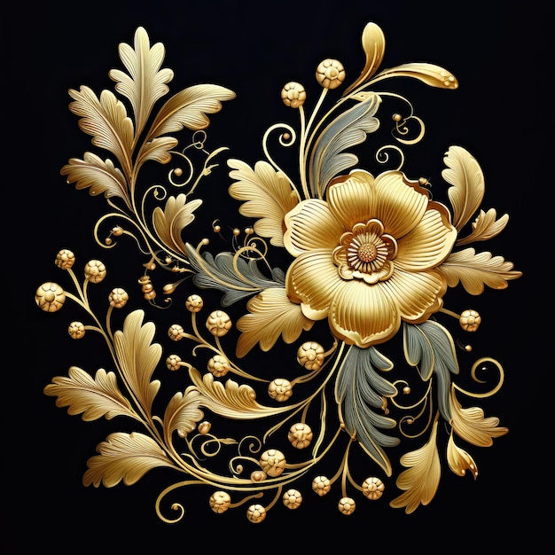 Goldes Blumenornament mit Blumen und Blättern auf schwarzem Hintergrund Vektorillustration