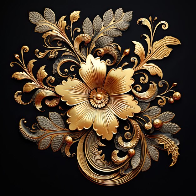 Goldes Blumenornament mit Blumen und Blättern auf schwarzem Hintergrund Vektorillustration