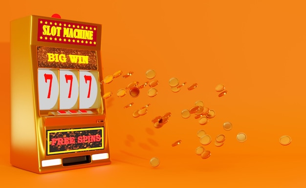 Goldfarbe des Spielautomaten gewinnt den Jackpot Fliegende Goldmünzen auf orangefarbenem Hintergrund 777 Großer Gewinn