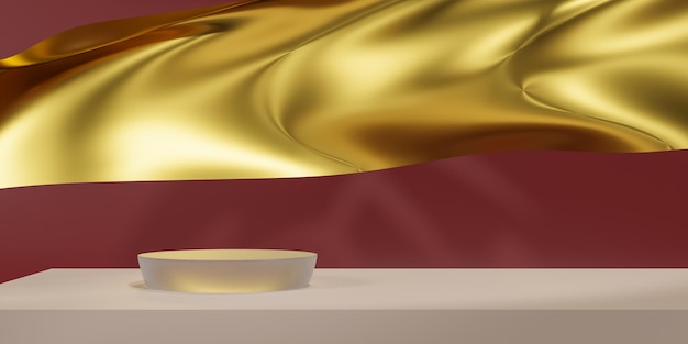 Goldfarbenes Podium auf fliegender Welle aus goldenem Stoff Luxuriöser Hintergrund für Branding und Produktpräsentation 3D-Rendering-Illustration