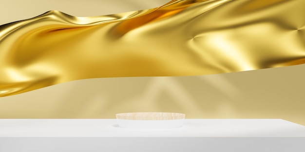 Goldfarbenes Podium auf fliegender Welle aus goldenem Stoff Luxuriöser Hintergrund für Branding und Produktpräsentation 3D-Rendering-Illustration