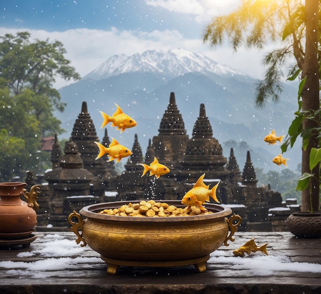 Goldfisch in einer goldenen Schüssel auf einem Holztisch mit Berghintergrund Thailand