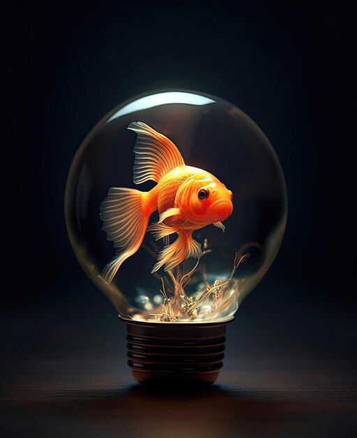 Goldfish en una bombilla sobre un fondo oscuro Generativo ai