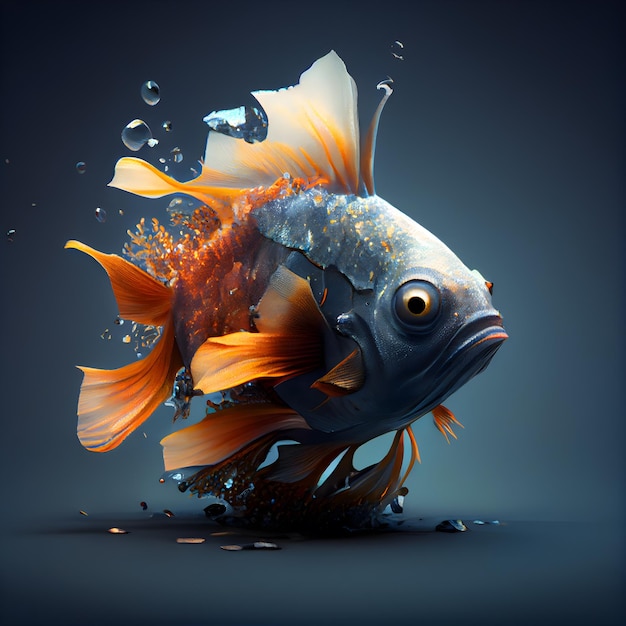 Goldfish con salpicaduras aislado sobre fondo oscuro ilustración 3d