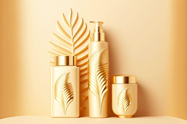Goldflaschen mit Naturkosmetik auf dem Hintergrund von Palmzweigen Spa-Produkten Flatlay