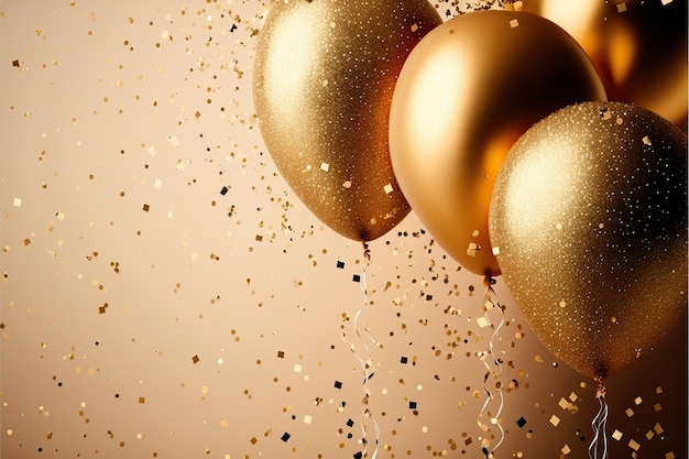 Foto goldfolien-partyballons auf goldenem konfetti-hintergrund und glänzender serpentine für das festliche panel des neuen jahres