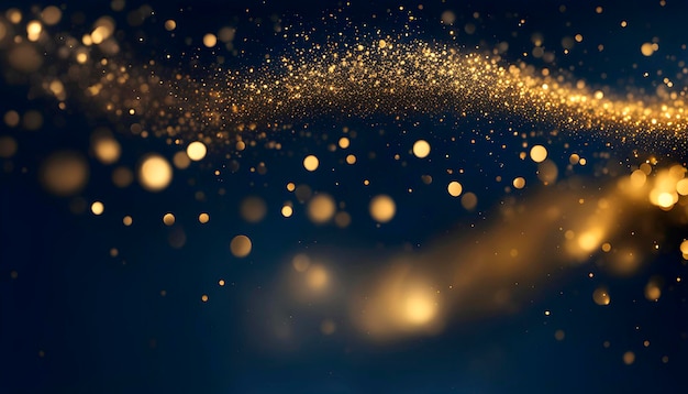 Goldglänzende Partikel auf dunkelblauem Hintergrund für die Gestaltung von Neujahrs- und Weihnachtsgrüßen