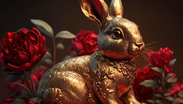 Goldhase mit roten Blumen Chinesisches Neujahr Generative KI