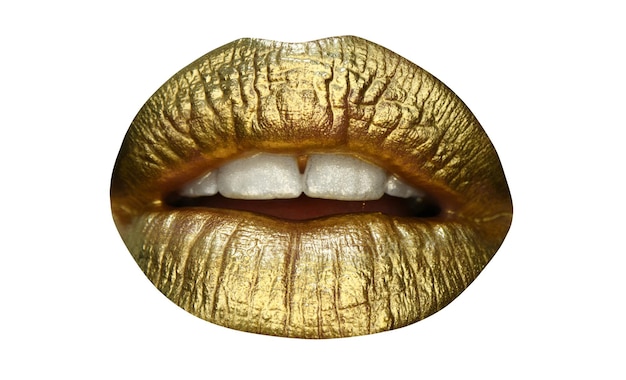 Goldlippen goldener Glanzlippenstift Sexy Mädchen goldene Lippen Goldmund Leuchtendes Goldhaut-Make-up Glitter metallischer Glanz goldenes Lipgloss-Make-up