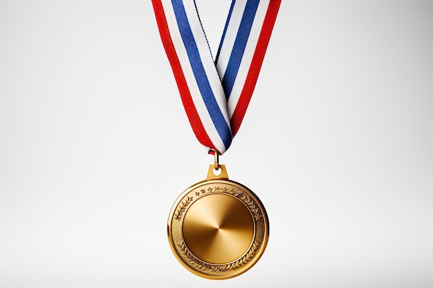 Foto goldmedaille, die an einem rot-weiß-blauen band hängt