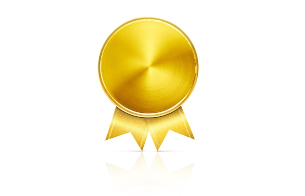 Goldmedaille mit goldenem Band, schwacher Schatten auf weißem Hintergrund