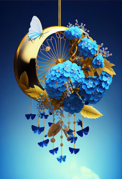 Goldmond mit blauen Blumen und Schmetterlingen, die daran hängen, generative KI