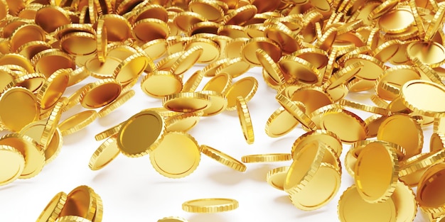 Goldmünze, die auf weißen Boden 3D-Render herunterfällt