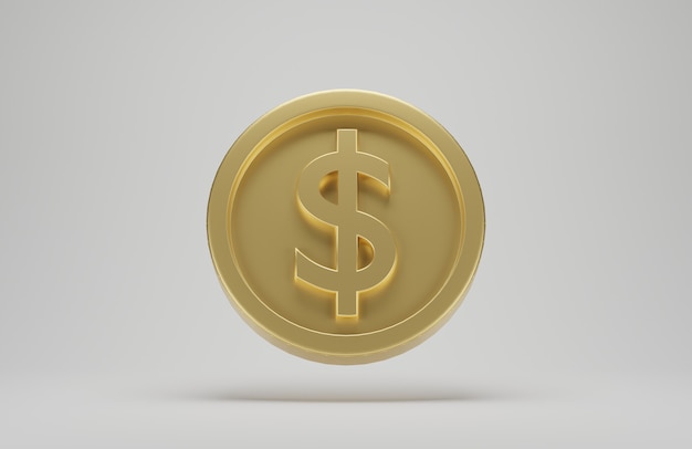 Goldmünze mit Dollarzeichen auf weißem Hintergrund. 3D-Rendering.