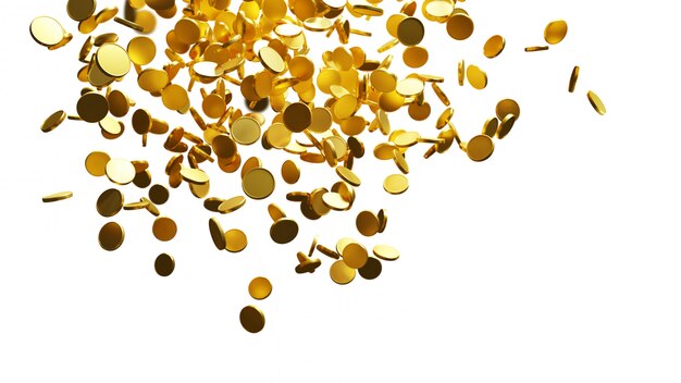 Goldmünzen fallen auf weißen Hintergrund mit Kopienraum